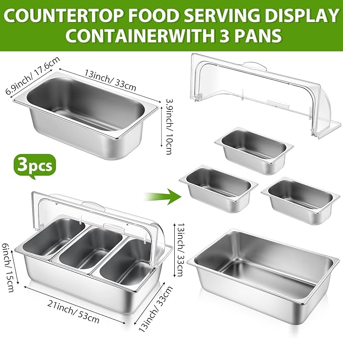2 Pack Countertop Food Serving Display Container Stainless Steel Food Serving Tray Buffet Condiment Dispenser Display Rack with Clear Roll Top Cover for Buffet (3 Pan and 3 Pan)