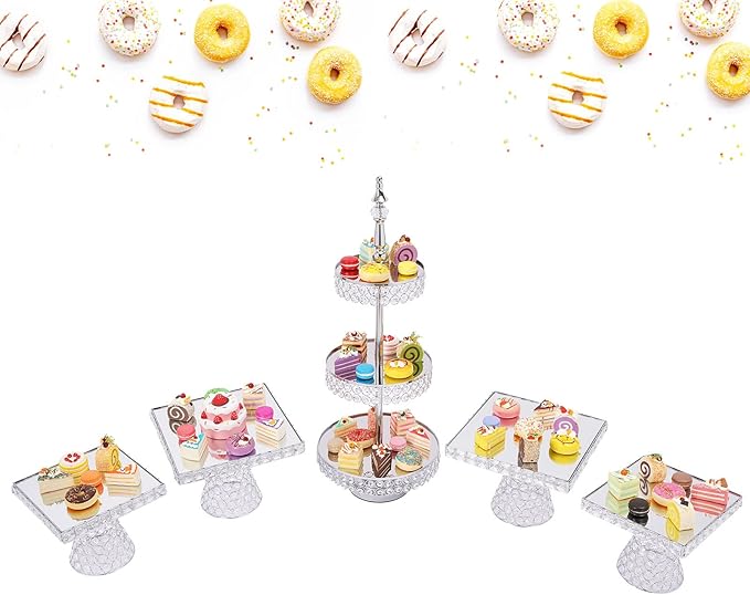 5 Pcs Silver Cake Stand Set, Acrylic Mirror Surface Vintage Cake Stand, Dessert Tower Plate Holder Decor Serving Platter Crystal Cakes Stands Wedding, Party, Baby Shower