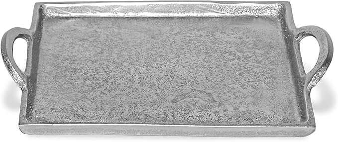 India Handicrafts 20691 Polished Silver Tone Square 11 inch Aluminum Serving Tray with Handles for Ottoman Coffee Table Perfume Living Room Kitchen for All Occasions