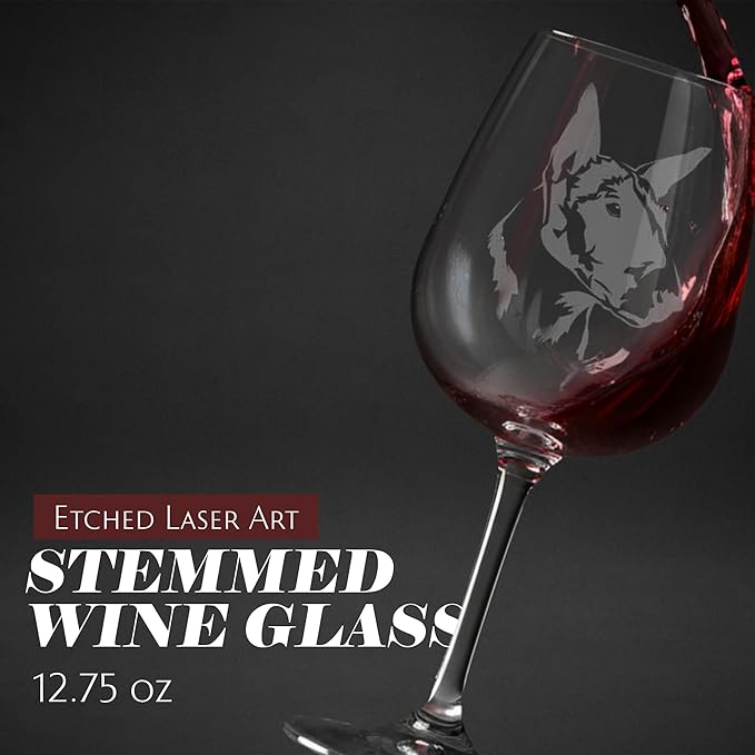 Etched Laser Art Bull Terrier Personalized Dog Themed Etched 12.75oz Wine Glass Custom Dog Breed Wine Glasses, Ideal for Pet Lovers, Unique Birthday Gift for Men & Women, Personalized Gift