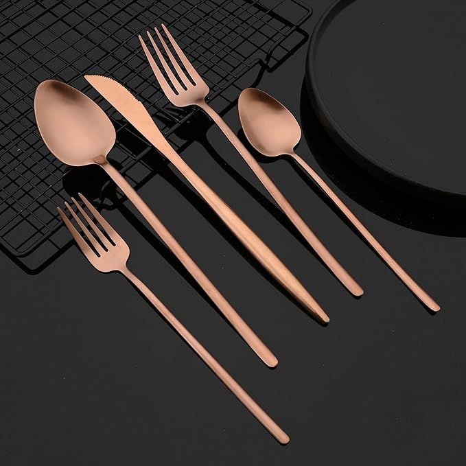 JASHII Modern Silverware Set - 20 Pieces Cutlery Set Matte Rose Gold - Brushed 304 Stainless Steel Flatware Set - Narrow and Long Handle - for Home Dinner and Restaurant