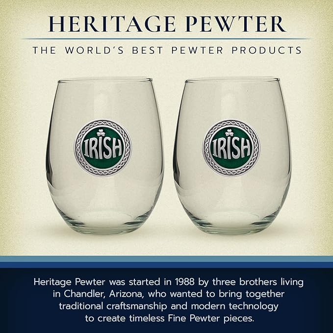Heritage Pewter Irish Stemless Glass Goblets – Set of 2 | 15 OZ Goblet Wine Glasses | Expertly Crafted Pewter Glass