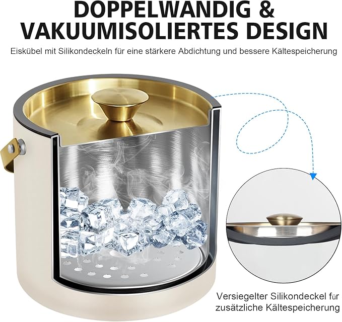 3.2L Modern Insulated Ice Bucket with Silicone Lid, Scoop, Strainer, Double Wall Stainless Steel Ice Bucket for Parties & Cocktail Bar,Ideal for Gift(Pearl White)