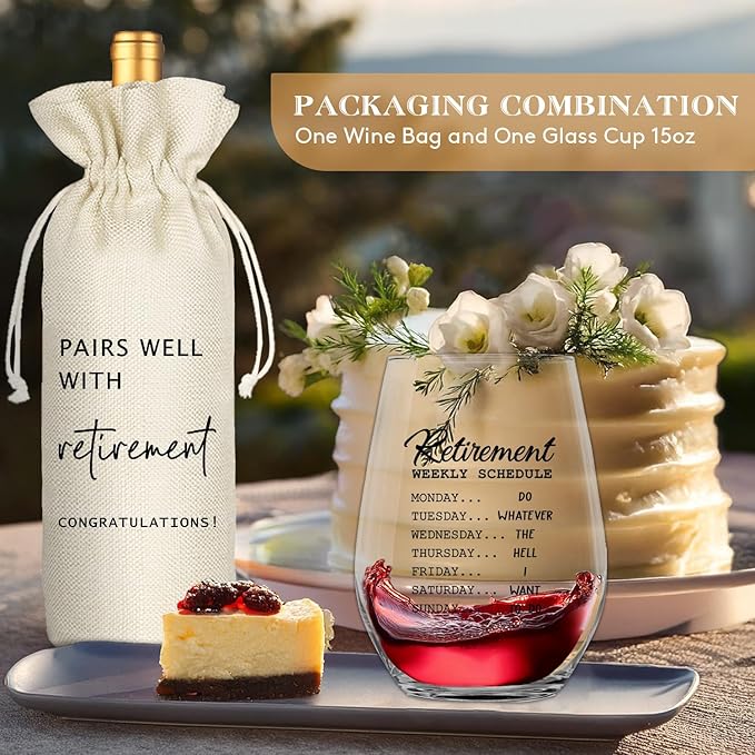 Retirement Gifts for Women Men, Funny Retirement Wine Glass and Wine Bag Set, Best Retired Gifts for Friends Cowkers Doctors Nurses Teachers Boss-PAIRS WELL WITH RETIREMENT