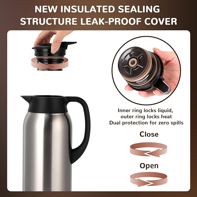 68 oz Coffee Carafe for Keeping Hot - 12 Hour Hot Drinks and 24 Hour Cold Drinks Stainless Steel Insulated Pot with Anti-Drip Spout, 316 Food Grade Thermal carafe Pot for Home/Camping/Office Silver