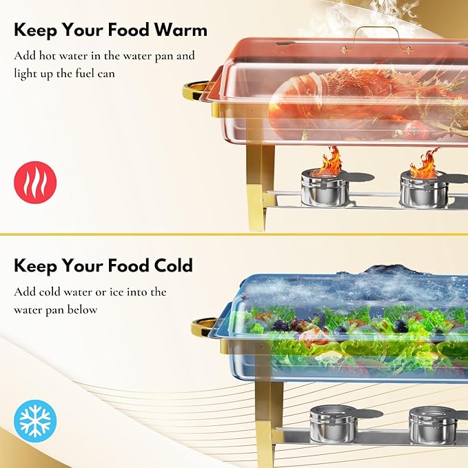 Gold Chafing Dishes for Buffet Set of 6, 9.5QT Chafing Dish Buffet Set with Tongs, Chafers and Buffet Warmers Set, Stainless Steel Food Warmers for Parties Buffet, Party Food Warmer Buffet Set
