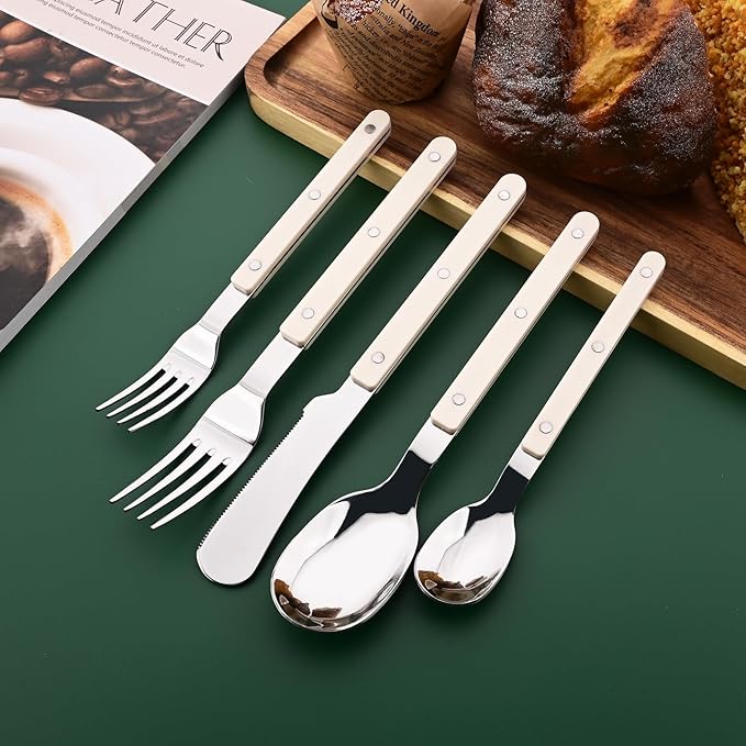 20 PCS Stainless Steel Flatware Set for 4, Silverware Set with Colored Handles, Retro Style Forks Spoons and Knives Set, Vintage Eating Utensils, Beige Acrylic Handle with Rivets Design