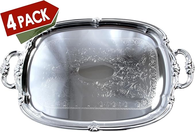(Pack of 4) 21-Inch x 13.5-Inch Elegant Victoria Floral Engraved with Handle Serving Tray Silver Metal Plate Platter Food Decorative Buffet Wedding Party T166-4PK