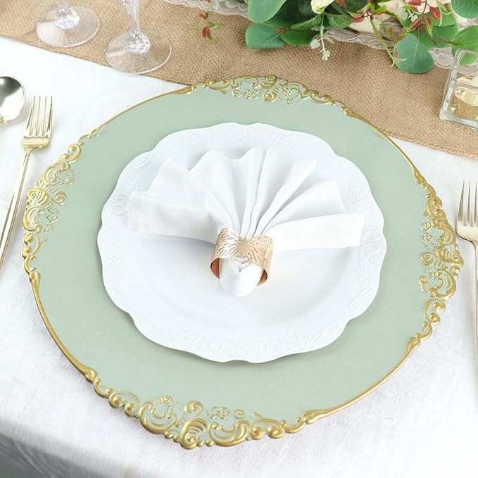 13" Charger Plates -Set of 24 - Acrylic Sage Green Round Baroque Disposable Chargers Leaf Embossed Rim, Ideal for Dinner Party Wedding Bulk Events
