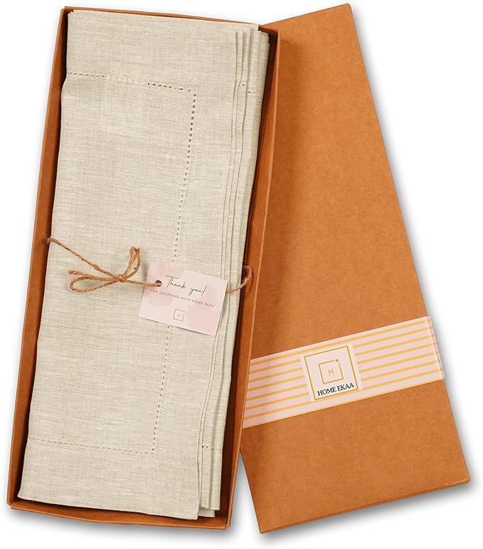 Home Ekaa Linen Light Natural Table Runner 36 Inches - 100% Pure Linen Cloth Fabric Hemstitch Table Runner 14 x 36 Inch for Dining, Dresser, Thanksgiving, Fall Christmas - Lino