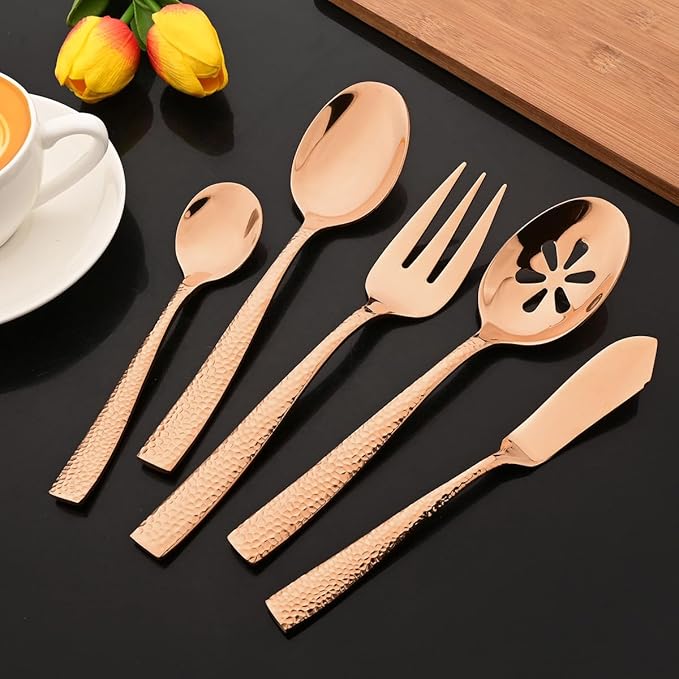 JASHII 5-Piece Rose Gold Hammered Flatware Hostess Set Stainless Steel Serving Fork Slotted Serving Spoon Butter Knife Teaspoon Set for Buffet Party Mirror Polished Dishwasher Safe