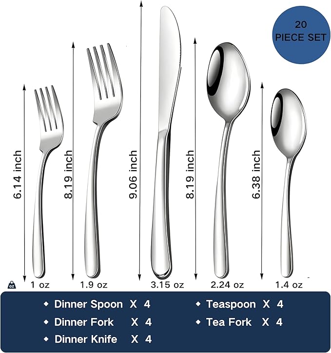 20-Piece Stainless Steel 18/10 Silverware Set for 4 – Heavy Duty, Dishwasher Safe Flatware with Long-Lasting Mirror Shine, Premium Cutlery Tableware for Everyday Dining and Gifting