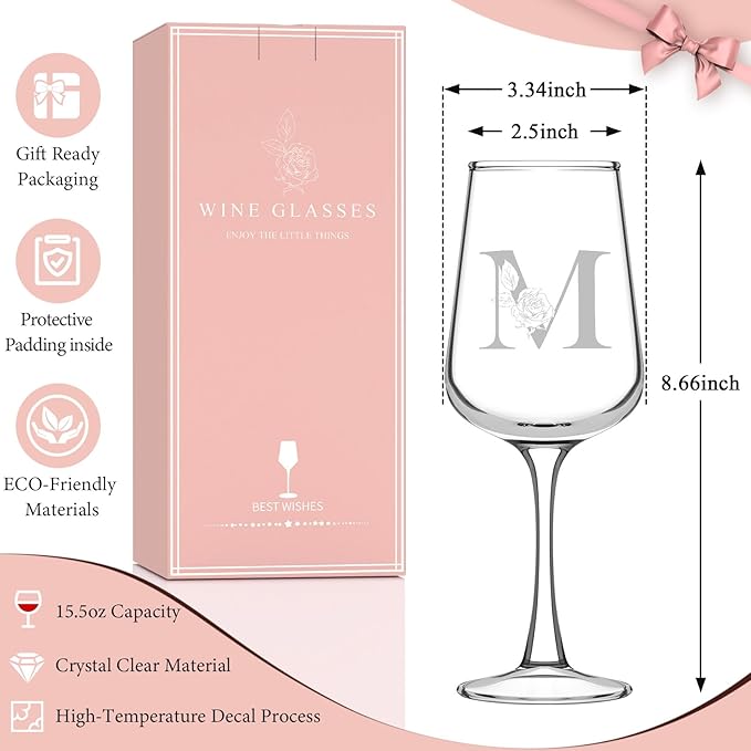 Personalized Wine Glass Gifts for Women - Monogrammed A-Z Wine Glasses Gift | Custom Christmas Gift, Valentines Day, Birthday Gifts for Women Her Mom Wife Best Friend Sister (M)