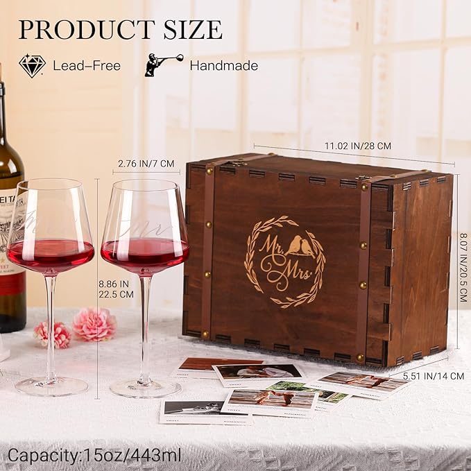 2025 Mr & Mrs Wine Glasses Gift Set with VINTAGE Memory Box – Engagement, Wedding & Newlywed Gifts for Couples, Just Engaged Gifts for Women, Christmas Couple Present