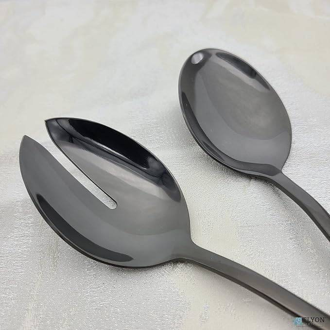 Elyon 3-Piece Black Flatware Serving Spoons, Stainless Steel Hostess Set, Reflective Mirror Finish, Salad Servers with Complimentary Pie Pastry Server, Reusable Dishwasher Safe