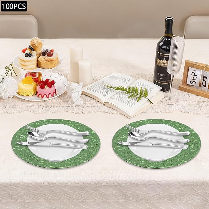 100 PCS Charger Plates Bulk, 13 Inch Embossed Rim Plastic Charger Plate Antique Round Service Plates Decorative Chargers Bulk for Table Setting Wedding Party Event(Green)