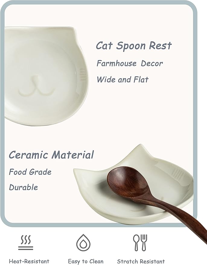 Cat Spoon Rest for Stove Top, Cute Spoon Holder for Kitchen Counter 5.12 Inch, Ceramic Spoon Rest for Cooking Utensils Spatula Sponge, White