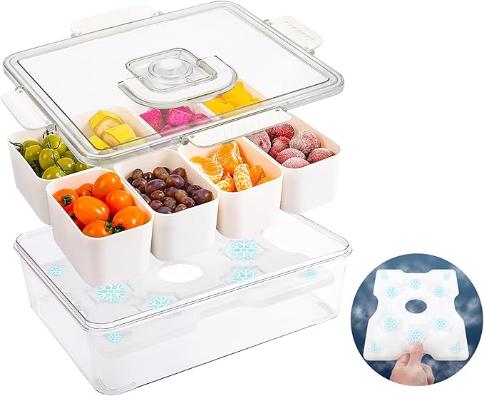 Snackle Box Container, Snack Tray with Lid and Handle, Snacklebox with Reusable Ice Pack, Halloween Candy Bowl, Divided Snack Containers, 8 Compartment Snackable Boxes, for Halloween Party