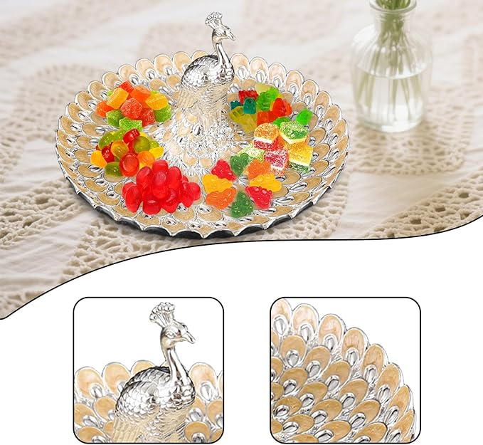 Fruit Dish Cosmetic Tray Peacock Sturdy Snack Storage Plate Vanity Storage Holder Serving Tray for Trinket Jewelry Wedding, Silver Orange Yellow