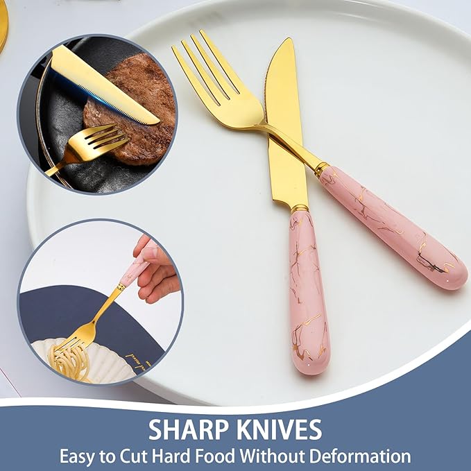 24 Pieces Flatware Set, Stainless Steel Cutlery Set with Silverware Holder, Modern Gold Silverware Set Includes Dinner Knives Forks Spoons,Hanging Silverware Set Service for 6 (Pink Gold)