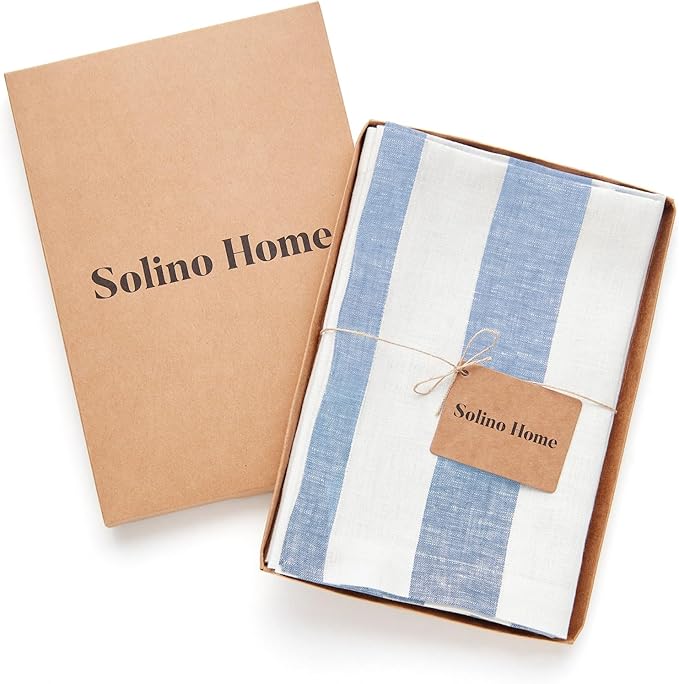 Solino Home Linen Napkins Set of 4-100% Pure Linen Cabana Stripe Sky Blue and White Cloth Dinner Napkins 20 x 20 Inch - Handcrafted and Machine Washable - Christmas, Holiday, New Year