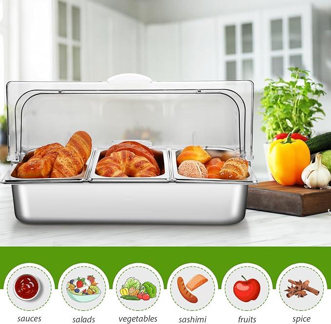 3 Pan Countertop Food Serving Display Container Stainless Steel Pizza Topping Station Display Rack Condiment Dispenser with Clear Roll Top Cover for Buffet Restaurant Hotel Kitchen Party