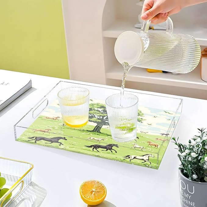 Serving Tray with Handles Clear Acrylic Tray 12x16 Inch Decorative Rectangular Tray Organizer for Ottoman Coffee Table Bathroom Green Grassland Tree and Horses