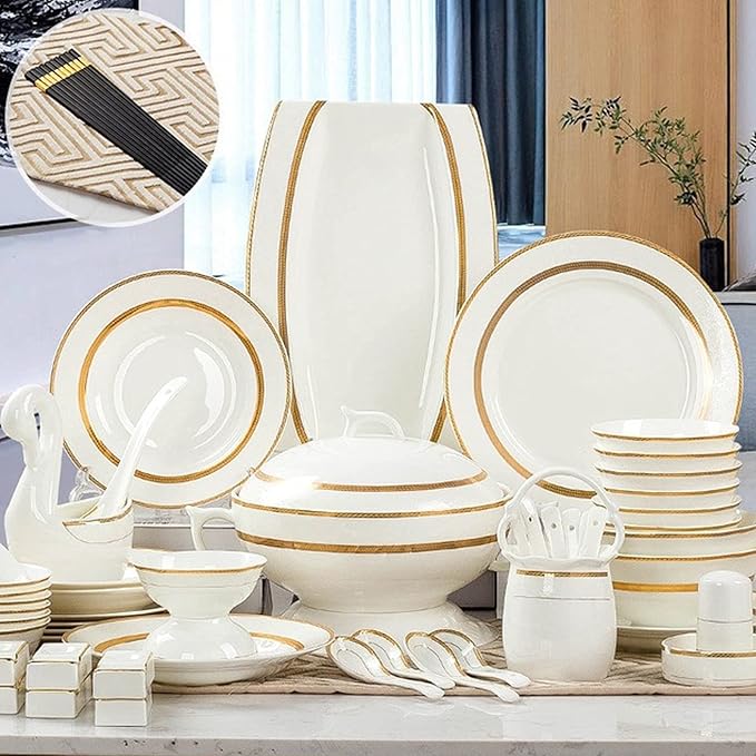 Gold Rim Ceramic Tableware Set Handmade Modern White China Ceramic Floral Tableware Set Suitable for Family Hotel Restaurant 60 Piece