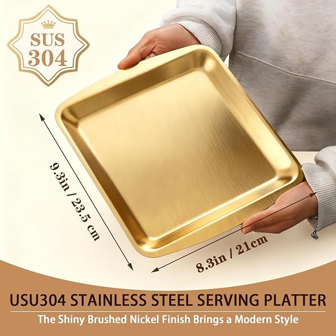 Gold Serving Platters for Coffee Table, 304 Stainless Steel Rectangle Plates, Sizzle Tray for Camping,BBQ,Party,Buffet,Appetizer,Bathroom Supplies, 9.2x8.3Inch