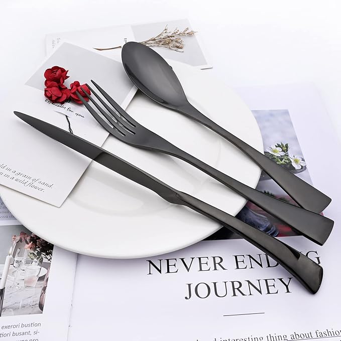 Black Tableware 20Pcs Mirror Polished 18/10 Stainless Steel Luxury Flatware - Heavy Cutlery Set Service For 4 Include Knives/Forks/Spoons/Salad Fork/Teaspoon, Dishwasher Safe