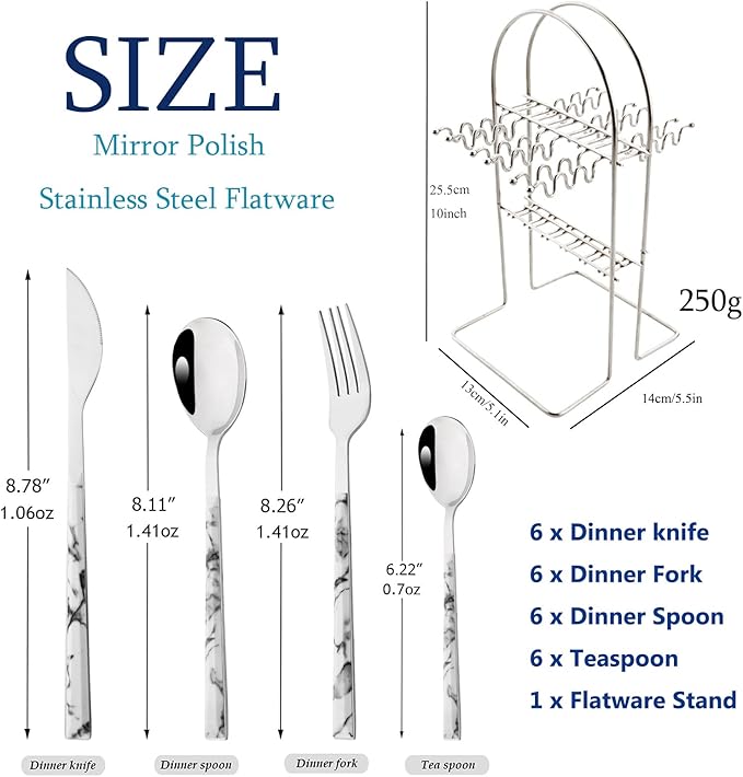 Silverware Set, 24 Piece Mirror Flatware Set With Stand, Stainless Steel Utensils With White Marble Texture Handle, A Complete Cutlery Set For Most Families, Service For 6