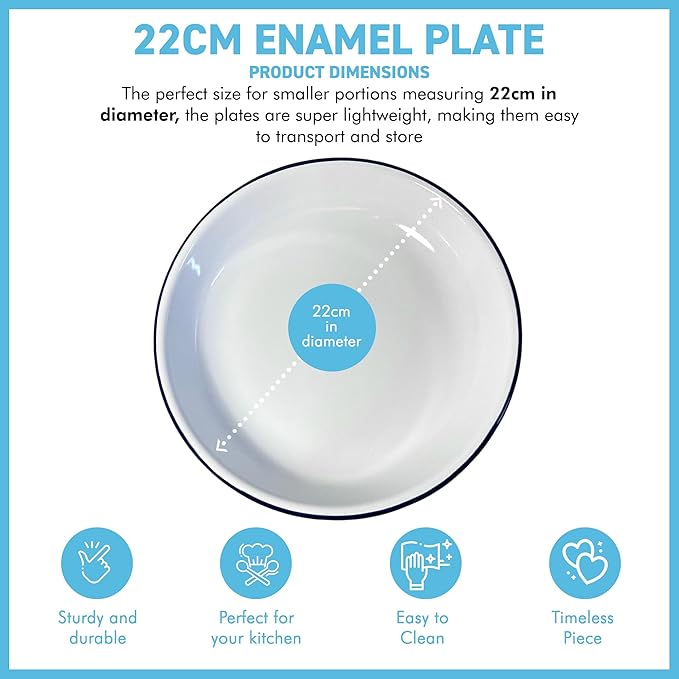 Thorness 22CM White Enamel Dinner Plate | Pasta and Rice Plate | Enamel Plate | Single Plate | Traditional Dinner Plate | Kitchen Plate for pies, Sides and Dinner | 22cm Diameter with 4cm Depth