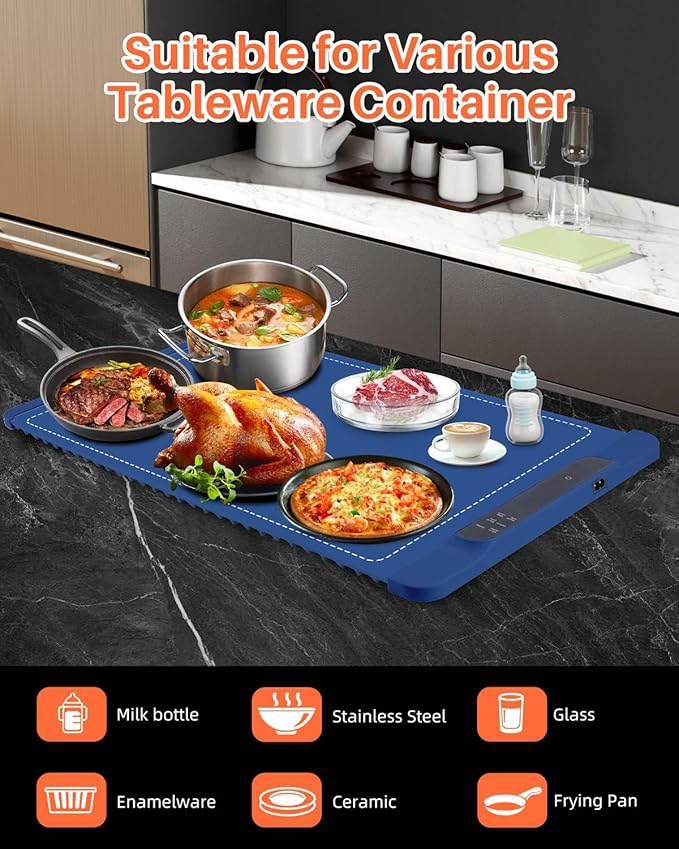 Food Warming Mat - Electric Warming Tray for Buffets Party and Home Daily Use,10H Timer, Child Lock, Auto Shut-Off Portable Silicone Heat Pad for Travel & Dining, Blue