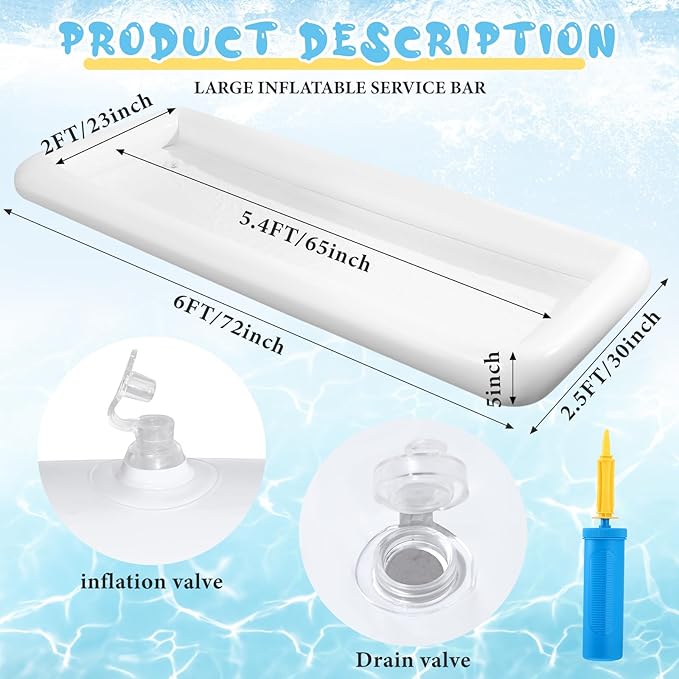Large Inflatable Serving Bar 72 x 30 x 5'' Inflatable Ice Serving Buffet Bar Inflatable Cooler Ice Buffet Salad Serving Trays with Drain Plug for Pool Outdoor Party Picnic(White,1 Pack)