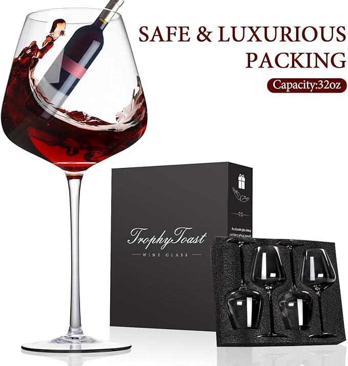 Extra Large 32oz Wine Glasses Set of 4 - Hand Blown Red Wine Glasses With Long Stem - Crystal Giant Burgundy Red Wine Glasses Clearer, Thin, Gift Packaging for Mothers Day, Wedding,Birthday