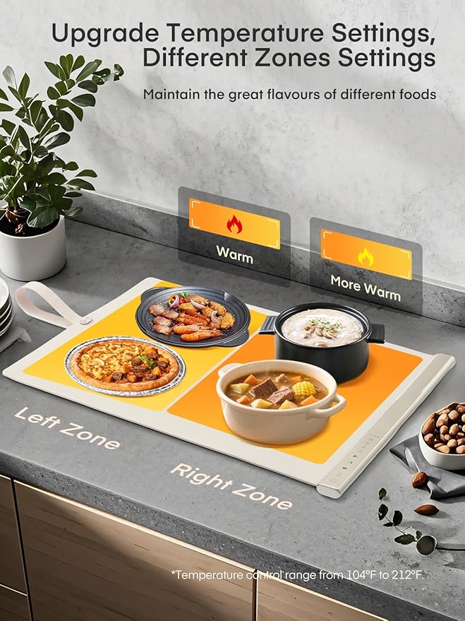 FOHERE Warming Mat for Food, Fast Full Surface Electric Warming Tray with Upgrade Temperature Settings, Food Grade Silicone Nano-Material, 4H Timer, for Buffet Party and Home Daily Use