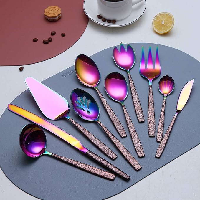 Berglander Silverware Serving Set 10 Pieces With Moon Surface Handle And Shiny Rainbow Mouth Titanium Plating, Stainless Steel Modern Colorful Flatware Serving Set Serving Spoons Serving Utensils