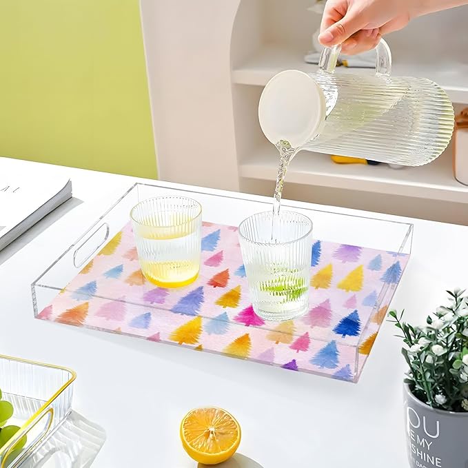 Serving Tray with Handles Clear Acrylic Tray 12x16 Inch Decorative Rectangular Tray Organizer for Ottoman Coffee Table Bathroom Colorful Christmas Tree