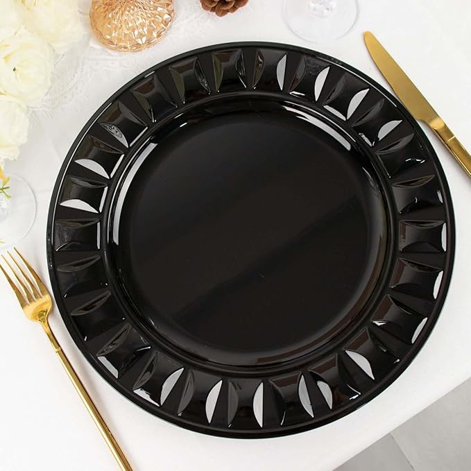 Efavormart 6 Pack | 13" Black Round Bejeweled Rim Plastic Dinner Serving Trays, Disposable Charger Plates