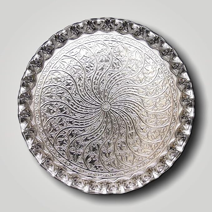 Alisveristime Turkish Ottoman Coffee Tea Serving Tray – 11.8 Inches, Wavy Zamac Tray with Traditional Motifs, Available in Five Color Variations (Silver)