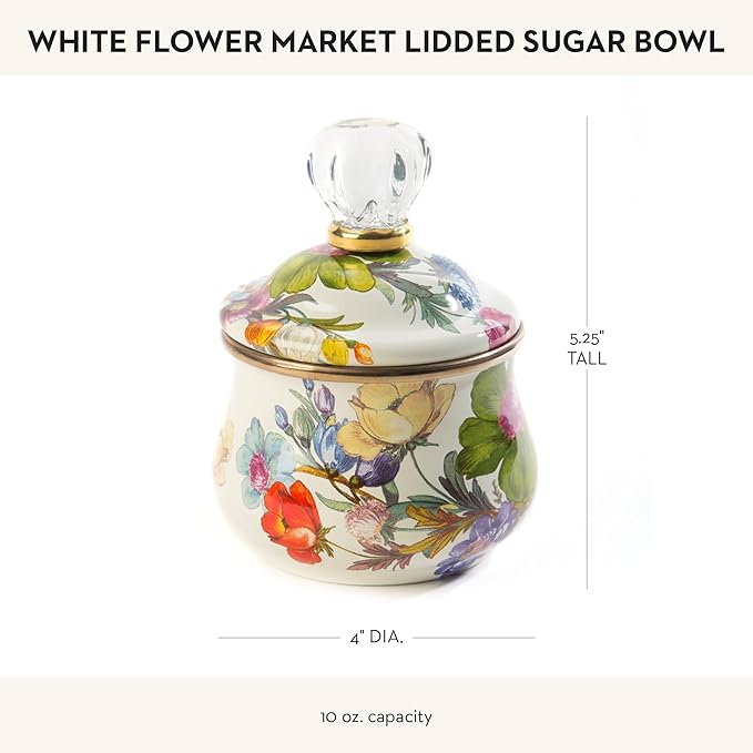 MACKENZIE-CHILDS Enamel Lidded Sugar Bowl, Small Serving Bowl with Lid, 10-Ounce Capacity, White Flower Market