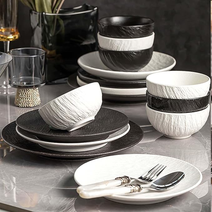 Elegant Black and White Minimalist Matte Ceramic Dinnerware Set, Includes Plates, Bowls, Perfect for Home Dining, Modern Tableware for Everyday Use or Gifting, Ideal for Housewarming