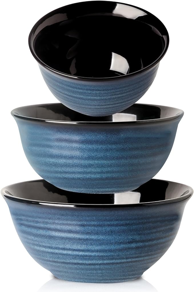 HASENSE Mixing Bowls, Ceramic Serving Bowls Set for Cooking, Baking, Prepping, Large Nesting Bowls for Salads, Fruit, Popcorn, Christmas Gift, 2.1/1.5/1.0 Qt, Dishwasher & Microwave Safe, Blue