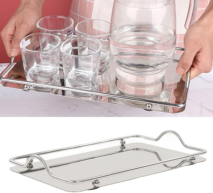 Large Rectangle Tray, Stainless Steel Serving Platters Silver Trays for Serving Metal Dinner Plates with Handles for BBQ, Dining, Party, Buffet