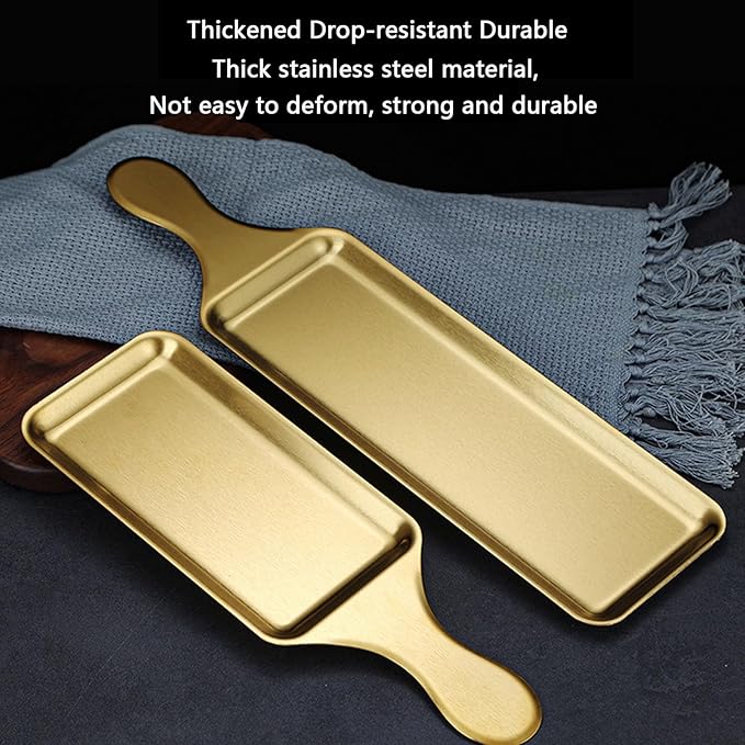 Stainless Steel Serving Plate with Handle - Rectangular Sushi Serving Tray for Western Cuisine, Steaks, Snacks Decorative Tray,Gold,Small