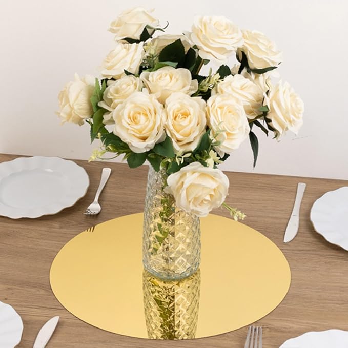 Efavormart 10 Pack Gold Round Acrylic Mirror Tray for Decoration, Large Circle Candle Plate Centerpiece Bases - 16"