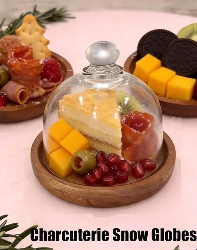 Charcuterie Snow Globe Container, Charcuterie Snow Globes, Mini Cake Stand with Dome Lid, Glass Dessert Dome with Wood Base, Small Cake Display Server Tray for Kitchen, Birthday Party, Wedding (5 set)