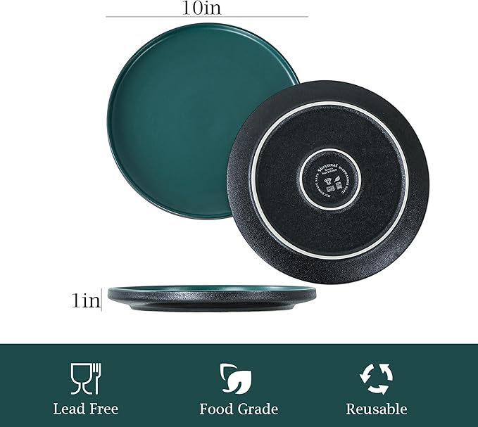 Ceramic Dinner Plates, 10.25 Inch Flat Dish Set for 4, Perfect for Family and Entertaining, Microwave & Dishwasher Safe, Dinner Dishes for Steak, Sandwiches, Pizza, Pasta, Modern Green