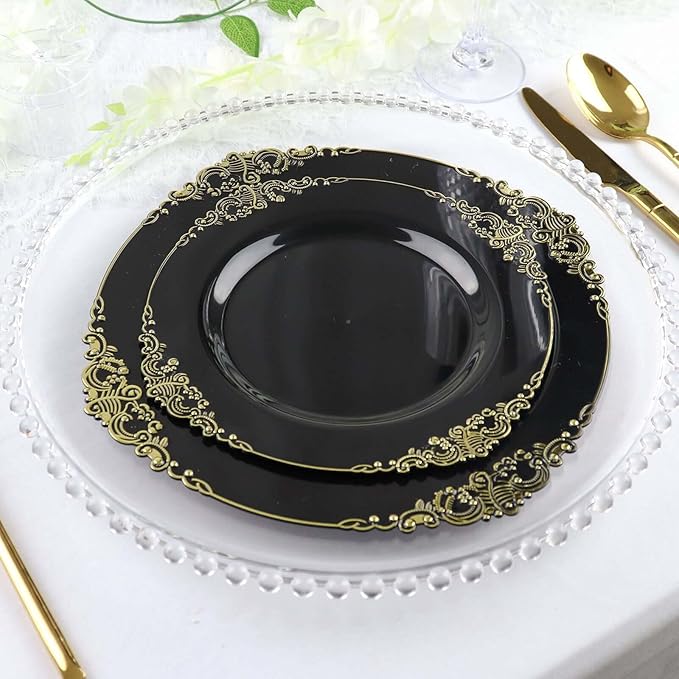 10" Dinner Plates -Set of 10 - Plastic Black Round Baroque Disposable Chargers Leaf Embossed Rim, Ideal for Dinner Party Wedding Bulk Events