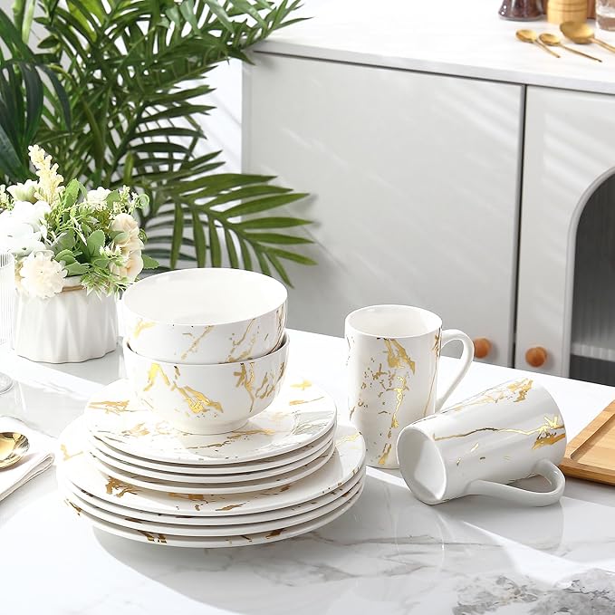 Modern Porcelain 16 Piece White Dinnerware Set,Plates and Bowls Sets,Gold Dish Set for 4,White Dinnerware Set,Dinner Sets with Dinner Plates.